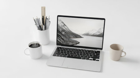 Laptop with coffee cups and pens isolated on white backgroundの素材