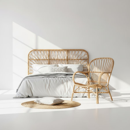 Minimalist bedroom setup with wicker furniture isolated on white backgroundの素材
