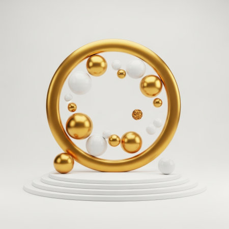 Golden orbs in circular formation isolated on white backgroundの素材