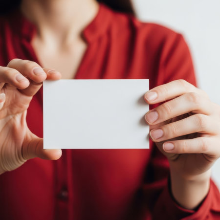 Person holding blank card isolated on white backgroundの素材