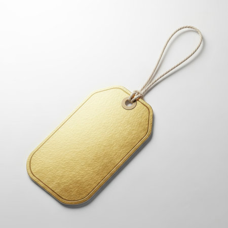 Gold tag with string isolated on white backgroundの素材
