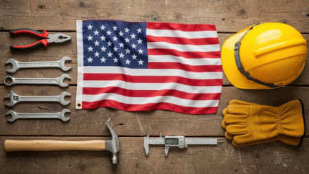 Construction tools and american flag isolated on white backgroundの素材
