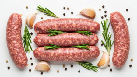 Raw sausages with herbs and spices isolated on white backgroundの素材
