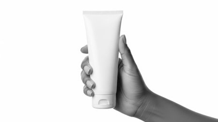 Hand holding tube of cream isolated on white backgroundの素材