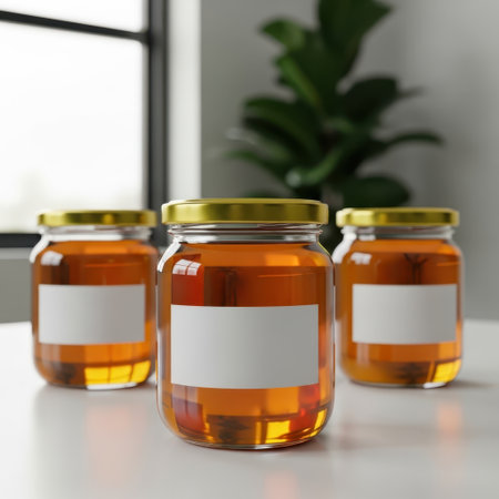 Three jars of honey isolated on white backgroundの素材