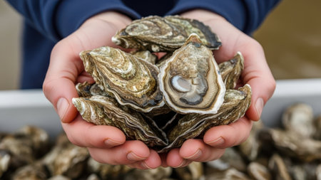 Hands holding oysters isolated on white backgroundの素材