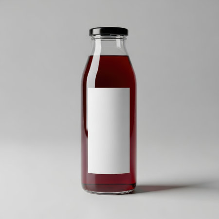 Glass bottle with red liquid, isolated on white backgroundの素材