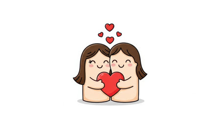 Two people holding heart, isolated on white backgroundの素材