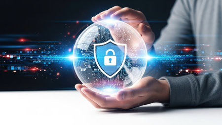 Hand holding digital security globe icon isolated on white backgroundの素材