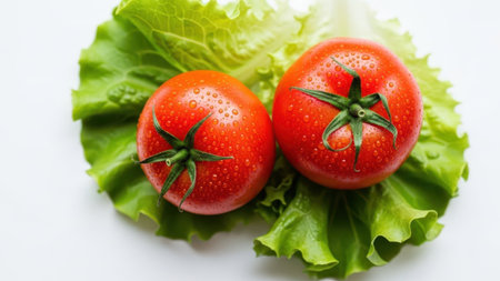 Fresh tomatoes on lettuce leaves isolated on white backgroundの素材