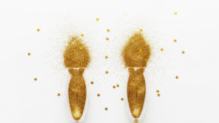 Golden sparkling stars isolated on white backgroundの素材