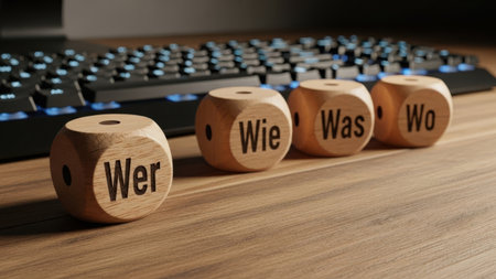 Wooden dice with german words isolated on white backgroundの素材