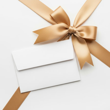 White gift box with gold ribbon bow isolated on white backgroundの素材