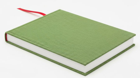 Green notebook with red ribbon isolated on white backgroundの素材
