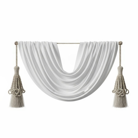 White curtain with tassels isolated on white backgroundの素材