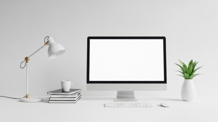 Modern workspace setup isolated on white backgroundの素材
