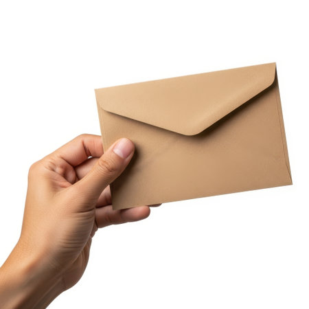 Hand holding brown envelope isolated on white backgroundの素材