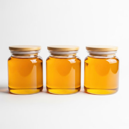 Three glass jars with wooden lids isolated on white backgroundの素材