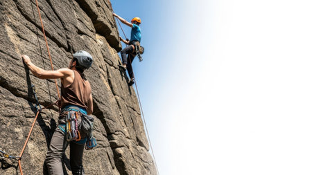 Rock climbers ascending cliff, isolated on white backgroundの素材