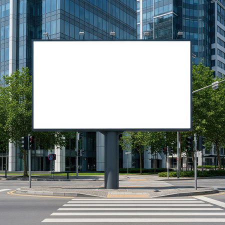Blank billboard in urban setting isolated on white backgroundの素材