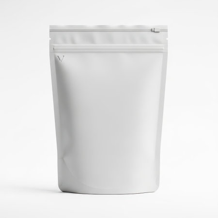 White stand-up pouch with zipper isolated on white backgroundの素材