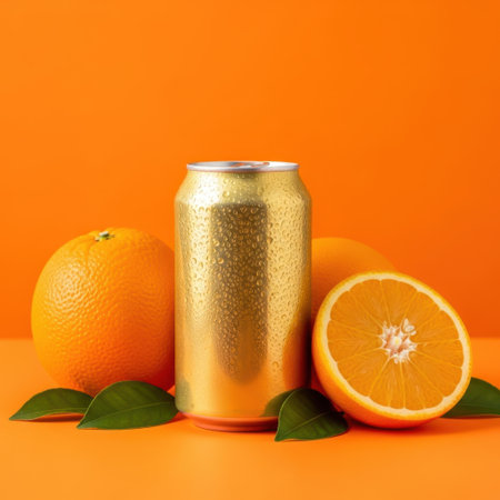 Golden can with oranges isolated on white backgroundの素材