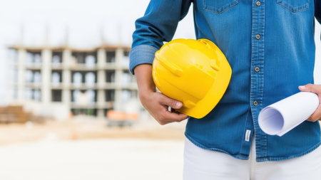 Construction worker with hard hat and blueprints, isolated on white backgroundの素材