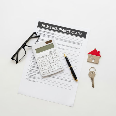 Home insurance claim form with calculator and keys isolated on white backgroundの素材