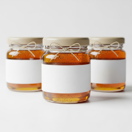 Three honey jars with blank labels isolated on white backgroundの素材