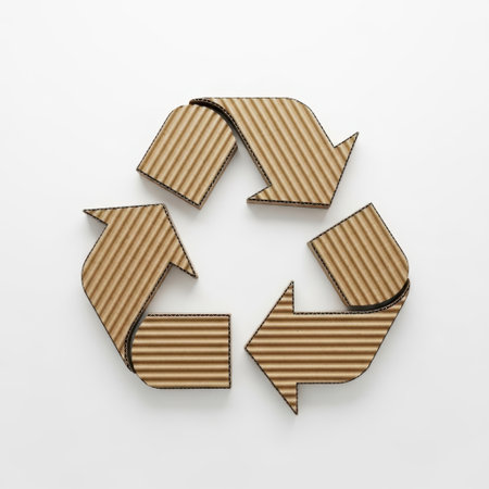Recycling symbol made of cardboard, isolated on white backgroundの素材