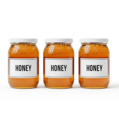 Three jars of honey isolated on white backgroundの素材