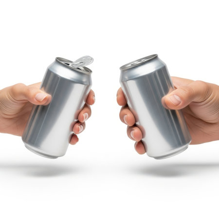 Two hands holding soda cans, isolated on white backgroundの素材