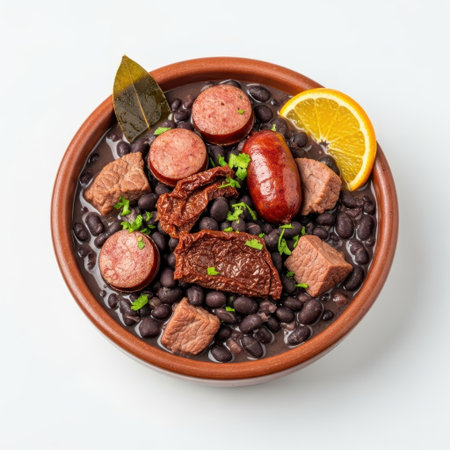 Feijoada stew with sausages and beans isolated on white backgroundの素材