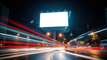 Busy city highway at night, blank billboard, isolated on white backgroundの素材