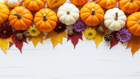 Autumn decorations with pumpkins and leaves isolated on white backgroundの素材