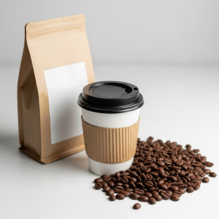 Coffee bag and cup with beans isolated on white backgroundの素材