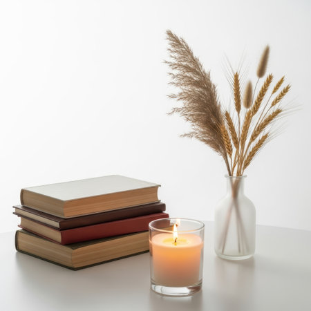 Stack of books and candle with pampas grass, isolated on white backgroundの素材