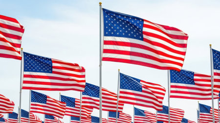 Multiple american flags isolated on white backgroundの素材