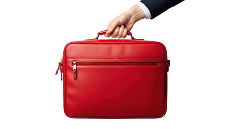 Red leather briefcase, isolated on white backgroundの素材