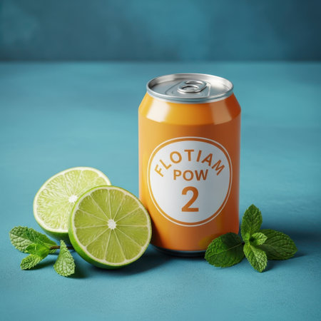 Orange soda can with lime and mint, isolated on white backgroundの素材