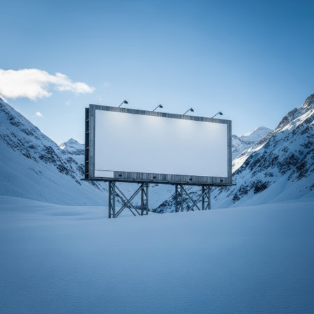 Large billboard in snowy mountain landscape isolated on white backgroundの素材