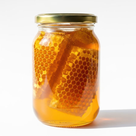 Honey jar with honeycomb isolated on white backgroundの素材