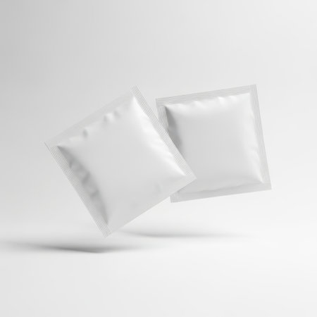 Floating sachets isolated on white backgroundの素材