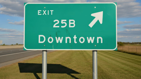 Highway exit sign for downtown 25b isolated on white backgroundの素材