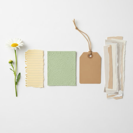 Flat lay of daisy, paper samples, and tags isolated on white backgroundの素材