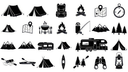 Camping icons collection isolated on white backgroundの素材