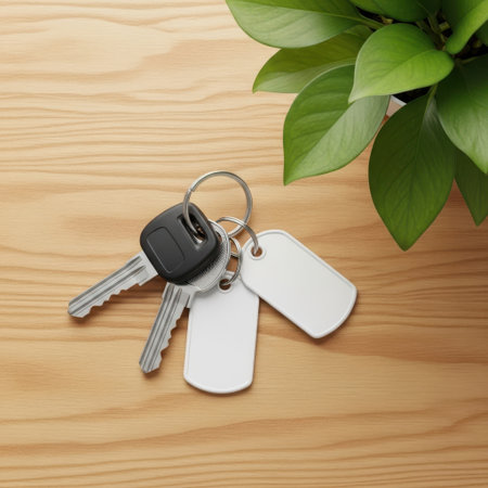 Set of keys with keychain tags isolated on white backgroundの素材