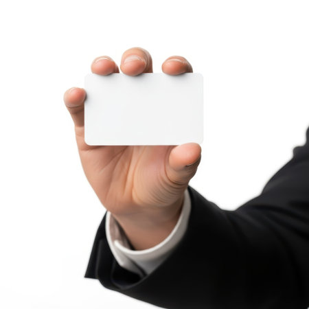 Hand holding blank card, isolated on white backgroundの素材