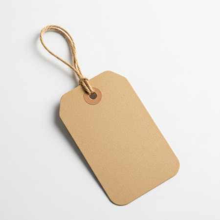 Brown paper tag with string, isolated on white backgroundの素材