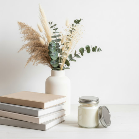 Vase with flowers, books, and candle isolated on white backgroundの素材